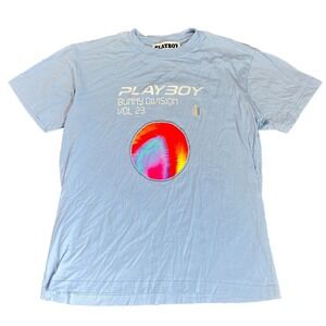 Playboy Shirt Mens Medium Light Blue Short Sleeve Crew‎ Neck Bunny Division